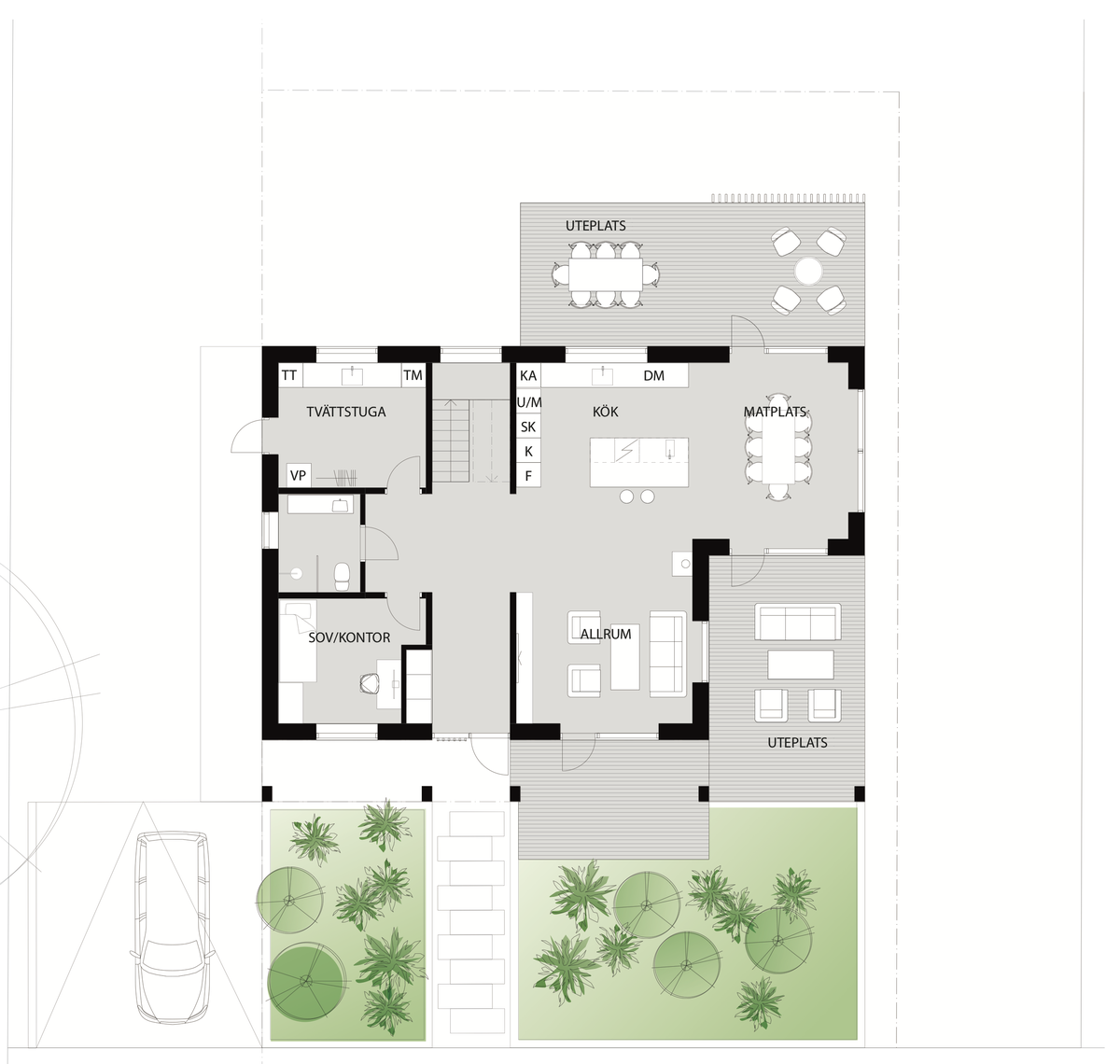 Planritning entréplan: tvättstuga, wc med dusch, gäst/kontor, öppet kök, matplats och allrum mot öster, två uteplatser