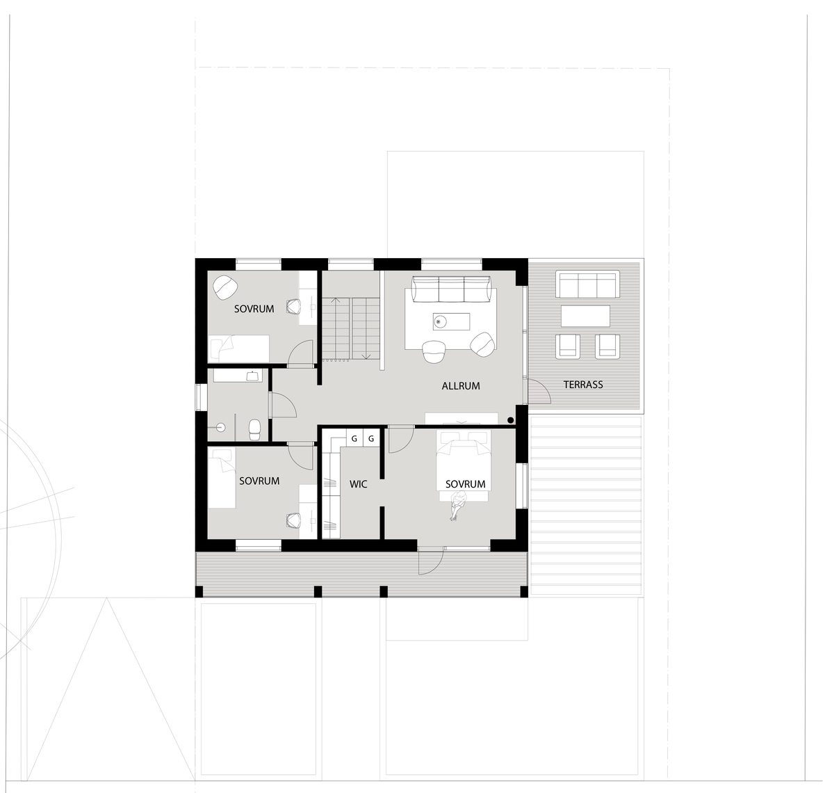 Planritning övre plan: tre sovrum, bad, klädkammare, allrum och takterrass